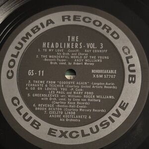 The Headliners Volume 3 vinyl LP released in 1962 by the Columbia Record Club.